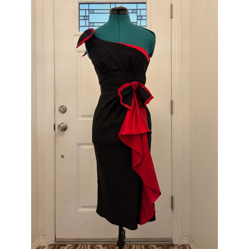 Stop Staring Black One-Shoulder Sheath Dress with Red Trim & Ruffle S - Picture 3 of 11